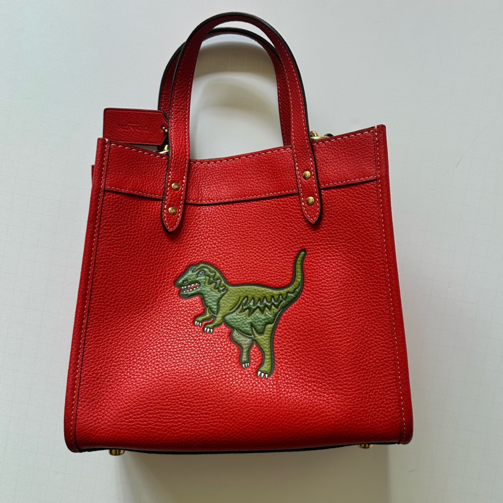COACH Red Leather Mini Tote Crossbody Handbag with Dinosaur Embroidery